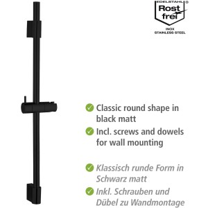 Wenko Barre de douche Classic noire, 70 cm, en acier inoxydable avec support de douchette réglable.