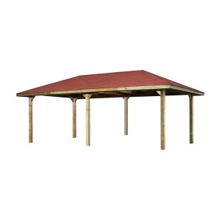 Weka Gartenoase 651 B: Gazebo in legno con tegole rosse, 678x380 cm. Ideale per il giardino.