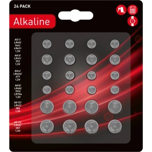 Set di 24 batterie a bottone alcaline di vari tipi per orologi, calcolatrici e giocattoli.