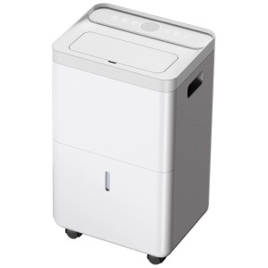 Weißer Emerio Luftentfeuchter 20 l mit digitalem Display und Rollen.