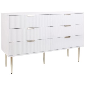 Commode blanche Beliani Soho avec 6 tiroirs et façade cannelée sur pieds dorés.