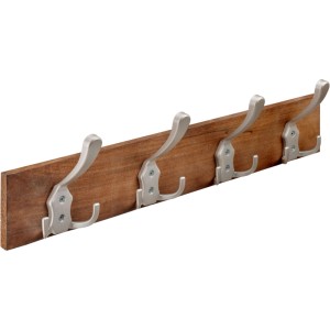 Hettich Garderobenleiste Typ 74: Holzleiste Eiche-Optik, 4 silberne Doppelhaken Edelstahl-Look.