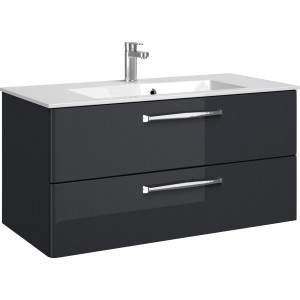 Mobile lavabo Pelipal Trentino, antracite lucido, 105 cm di larghezza, con due cassetti e lavabo da appoggio.