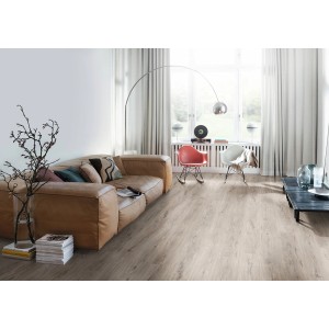 Salon avec sol stratifié Egger 7 mm Chêne Melba Gris style maison de campagne.