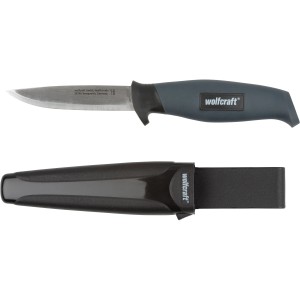 Coltello da esterno Wolfcraft con lama liscia e fodero in plastica.