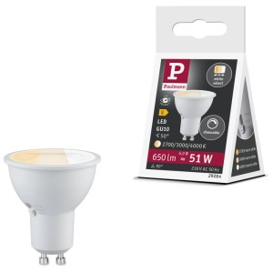 Paulmann LED-Reflektor GU10, signalweiss, dimmbar. 3 wählbare Lichtfarben (2700-4000K) per DipSwitch. 6,9W, 650lm.