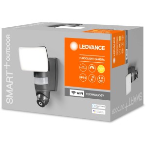 Confezione del faretto da esterno a LED Ledvance Smart+ WiFi con telecamera, bianco caldo, IP44.