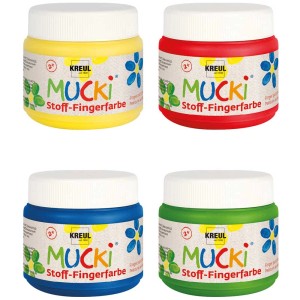 Kreul Mucki peinture textile pour enfants, lot de 4 pots de 150 ml (jaune, rouge, bleu, vert).