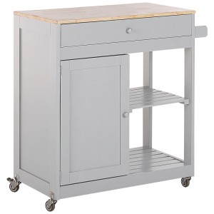 Chariot de service Beliani Trapani gris en bois avec tiroir, porte et roulettes (87x75x43cm).