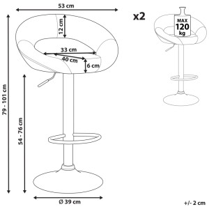 Schéma : Tabouret de bar Beliani Peoria, cuir synthétique blanc, dimensions et capacité de charge (max. 120 kg) indiquées.