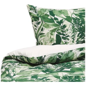 Parure de lit Greenwood avec motif floral vert et blanc en satin de coton, 155x220 cm.
