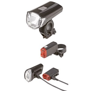 Kit d'éclairage LED à piles Prophete : lumière avant et arrière avec câble de chargement USB pour vélos.