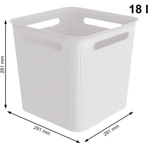 Weiße, quadratische Kunststoff-Aufbewahrungsbox Brisen mit Lochmuster und Griffen, 18 l Volumen.