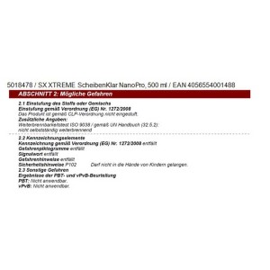 Etikett von Sonax Xtreme Scheibenklar NanoPro 500ml, Autopflege.