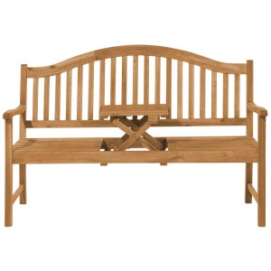 Banc de jardin Beliani Hilo en acacia avec table pliante au centre.