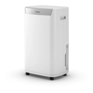 Weißer Olimpia Splendid Luftentfeuchter Aquaria S1 20 P mit 5 l Tank und Rollen.