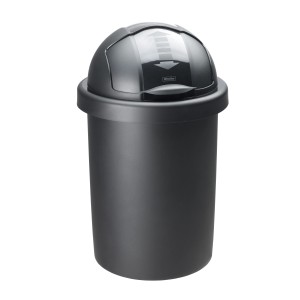 Schwarzer Rotho Abfalleimer Roll Bob, 30 Liter, mit Schiebedeckel.