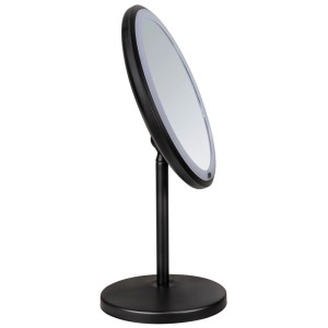 Miroir sur pied Wenko Onno, noir mat, avec éclairage LED et tête de miroir ronde.