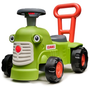 Falk Claas Rutscher Vintage, cavalcabile verde a forma di trattore con maniglia rossa.