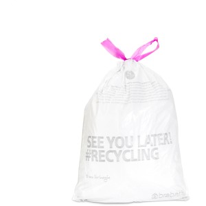 Sac poubelle Brabantia 12 l blanc plein avec cordon de serrage rose et impression "See you later! #Recycling".