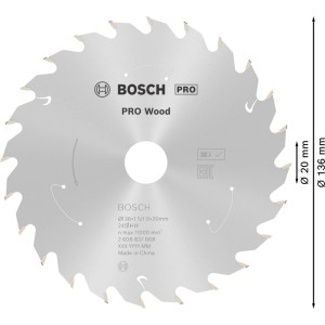 Lama sega circolare Bosch Standard for Wood, 136 mm diametro, 20 mm foro, 24 denti in carburo.