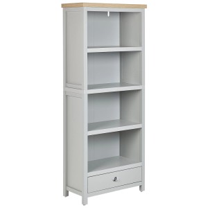 Bibliothèque Beliani Clio gris clair, 180 cm, avec 4 étagères ouvertes, un tiroir et plateau en bois clair.