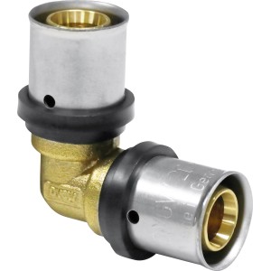 Raccordo a pressare a gomito in ottone da 20 mm per acqua potabile e riscaldamento.