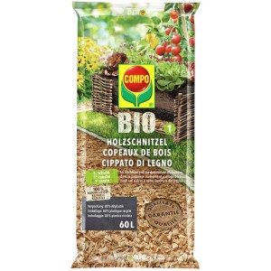 Sacco di trucioli di legno Compo Bio 60L per aiuole rialzate e decorazione del giardino.