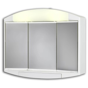 Armoire de toilette Jokey Elda blanche avec trois portes miroir en verre cristal et éclairage.