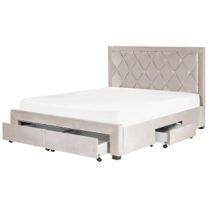 Beiges Samt Bett 160x200 cm mit Schubladen und Chesterfield-Kopfteil.