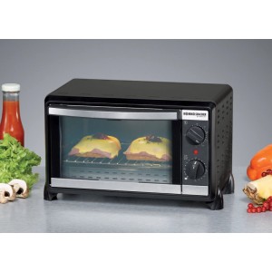 Mini-four noir Rommelsbacher Speedy BG 950 cuisant deux plats sur une grille. Appareil de cuisine compact avec thermostat.