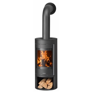 Poêle à bois Justus Mino 2.0, acier noir, 5 kW avec rangement pour bois et vitre panoramique.
