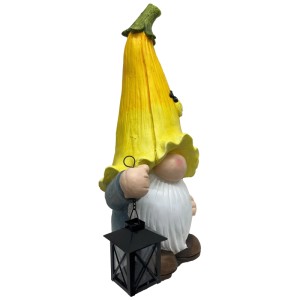 Gnomo decorativo da giardino con cappello giallo e lanterna (48cm) in magnesite.