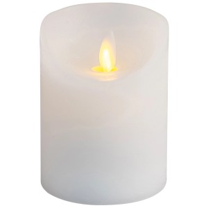 Weiße LED-Wachskerze (Ø 7,5 cm, Höhe 10 cm) mit beweglicher Flamme für den Innenbereich.