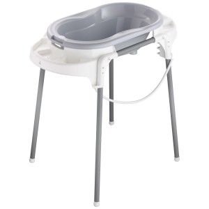 Station de bain bébé Rotho Top Stone gris-blanc avec baignoire et rangements.