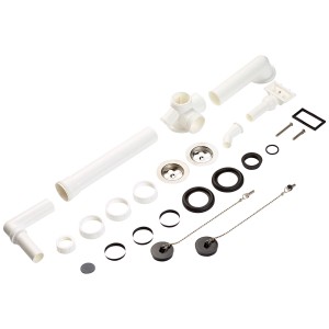 Garniture de vidage et de trop-plein pour évier double (G1 1/2) en blanc, comprenant les bondes, les tuyaux et les joints.