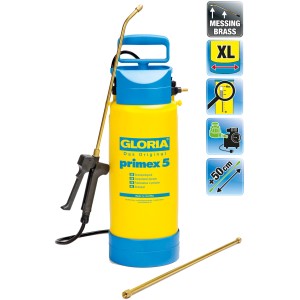 Pulvérisateur à pression Gloria Primex 5 : Pulvérisateur jaune et bleu avec lance et rallonge en laiton.