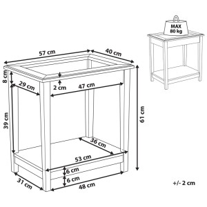 Schéma de la table d'appoint Beliani Attu, MDF blanc, plateau en verre, dimensions : 60x57x40 cm.