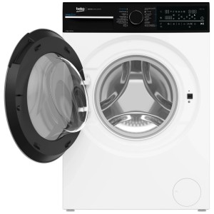Lave-linge frontal Beko WM720 blanc, 9 kg, 1400 tr/min, avec porte ouverte et panneau de commande noir.