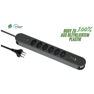 Schwarze Schönenberger Steckdosenleiste mit 6 T13-Steckdosen, USB-Anschlüssen und 1,8 m Kabel.