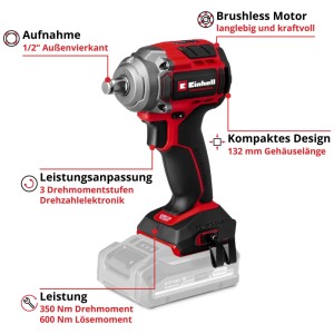 Clé à chocs sans fil Einhell TP-CW 18/350 avec batterie. Design rouge et noir, moteur sans balais, 3 niveaux de couple.