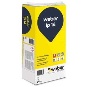 Sac d'enduit de base ciment Weber ip 14, 25 kg, emballage jaune avec logo.