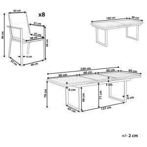 Disegno tecnico del set mobili da giardino Beliani Valcanetto/Busseto nero. Dimensioni per tavolo allungabile (180-240x90cm) e 8 sedie.