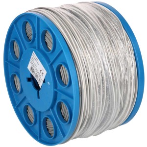 Câble de haut-parleur blanc 2x0,75 mm² au mètre sur bobine bleue.