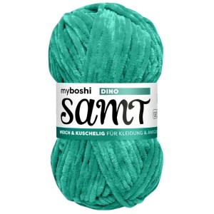 Pelote de laine Myboshi Chenille Velours couleur Dino vert, 100m de longueur, idéale pour le crochet et le tricot.