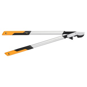 Cesoia a battente Fiskars PowerGear LX98-L con meccanismo a ingranaggi, leve in alluminio e manico arancio-nero.