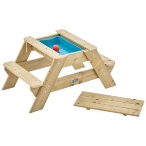 Table de jeu TP Toys Classic en bois pour sable et eau avec bancs et couvercle.