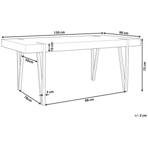 Schéma de la table de salle à manger Beliani Adena marron clair (75x90x150cm) avec dimensions.