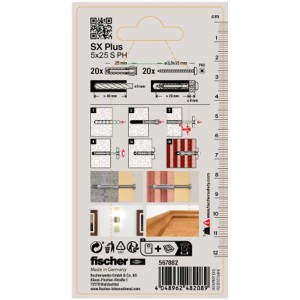 Fischer Cheville SX Plus 5x25 avec vis, lot de 20. Cheville universelle pour fixations sûres.
