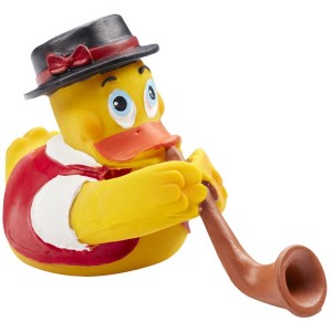 Lanco Canard de bain Cor des Alpes : Canard en caoutchouc jaune avec chapeau et cor des Alpes.